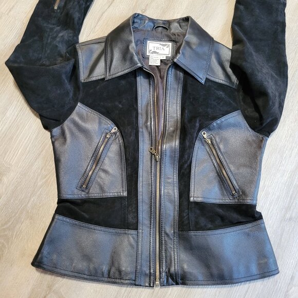 TRIA Women's Black Leather Jacket Zip Suede And Leather Size Medium Lined EUC - Picture 2 of 14
